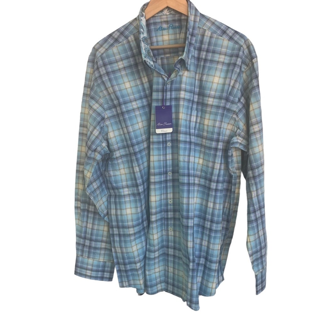 Alan Flusser Light Blue and Green Plaid Casual Button-Down Shirt